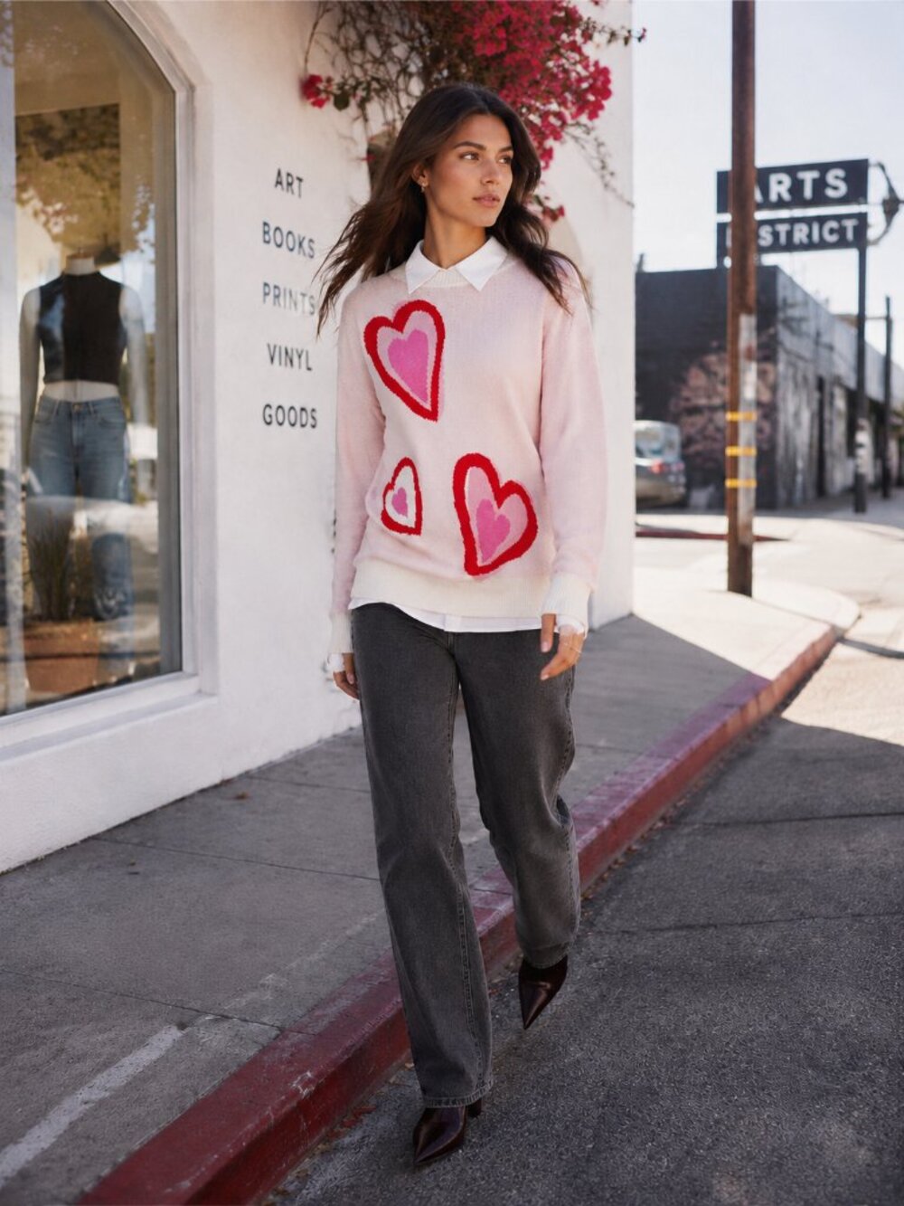 Miss Sparkling Pink Heart Graphic Lightweight Knit Sweater